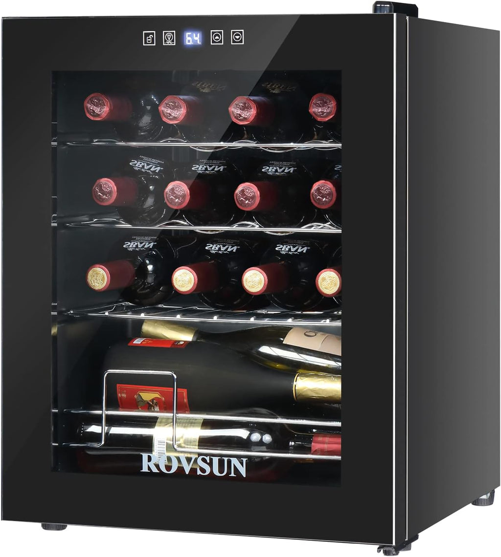 ROVSUN 22''H Small Wine Fridge with Compressor, 16 Bottles Freestanding Wine Cooler Refrigerator with Touch Panel Control and Glass Door, Wine Cellar for Red, White, Champagne or Sparkling, 41-64°F