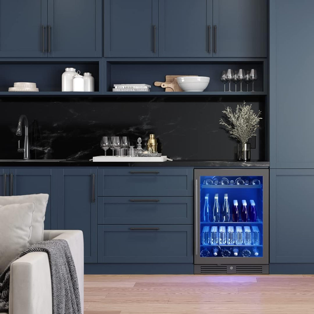 Zephyr 24' Wine Fridge & Beverage Refrigerator Single Zone Under Counter - Mini Wine Cooler Cellars Small Beer Cabinet Drink Chiller Freestanding with French Glass Door Black, 7 Bottles, 112 Cans