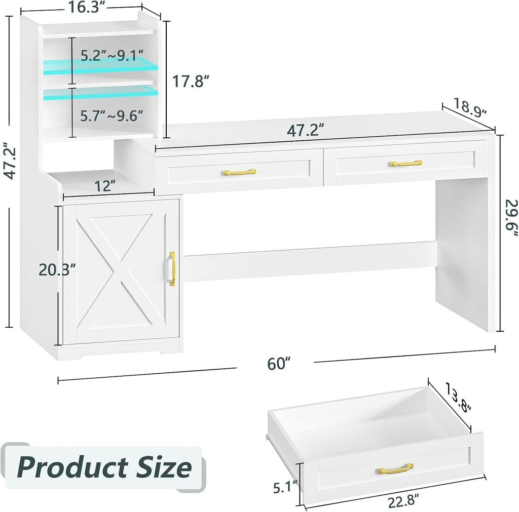 YOMILUVE 60' Computer Desk with Drawers & Bookshelves, Home Office Desk with Storage Cabinet & Spacious Desktop, Writing Gaming Study Table with Bookcase, White