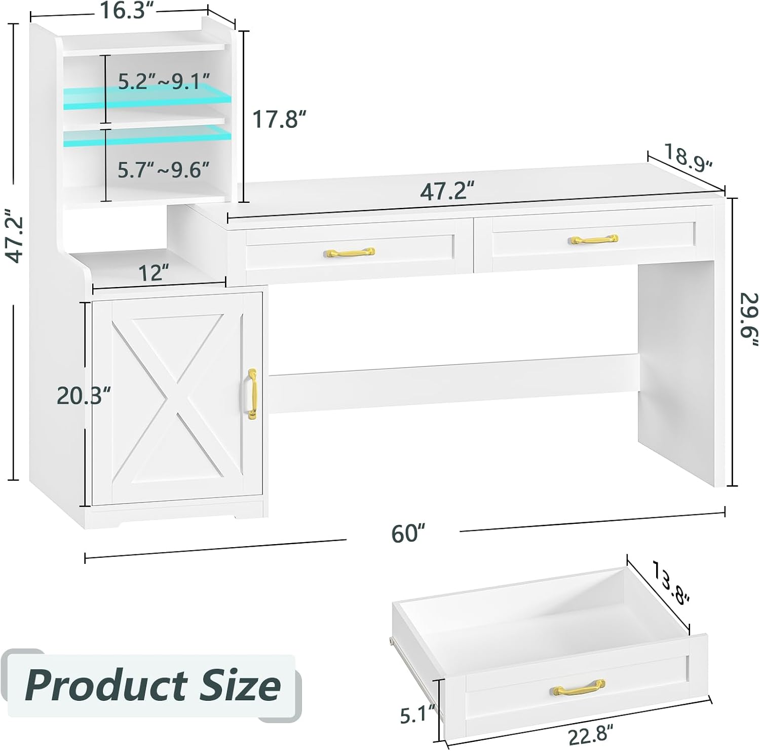 YOMILUVE 60' Computer Desk with Drawers & Bookshelves, Home Office Desk with Storage Cabinet & Spacious Desktop, Writing Gaming Study Table with Bookcase, White