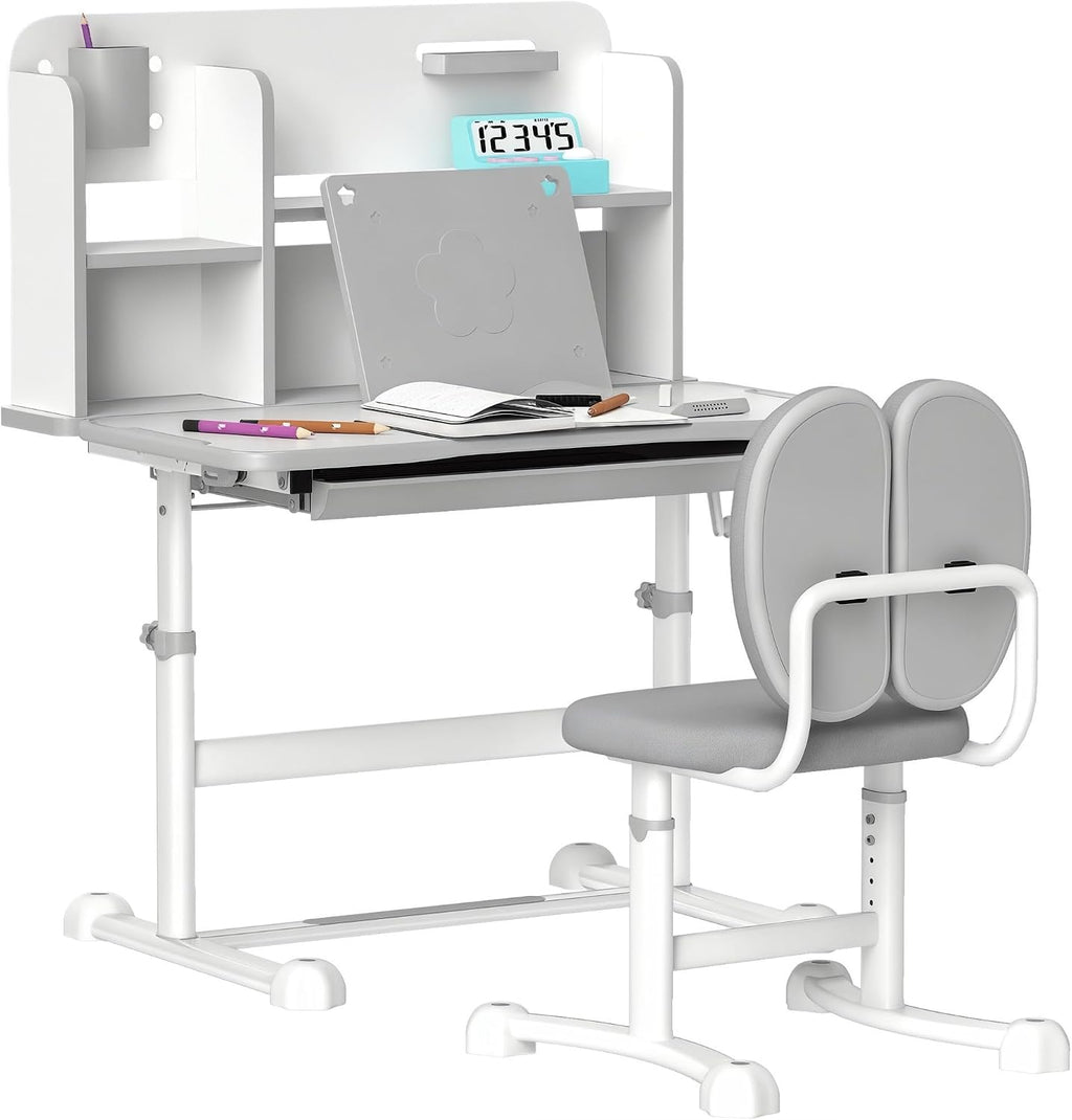 Qaba Kids Desk and Chair Set, Height Adjustable Kids School Study Desk and Chair Set with Tilt Desktop, Storage Drawer and Reading Rack for Writing, Reading and Drawing, Gray