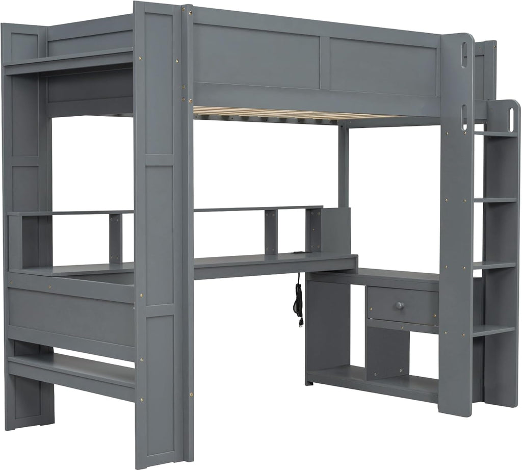 Twin Size Gaming Loft Bed with Desk & Storage Drawers & Shelves & Charging Station & LED,Wood Loft Bed Frame with Cabinets,Bookshelf,Safety Guardrail and Ladder for Gamers Kids Teens Aldults,Dark Gray