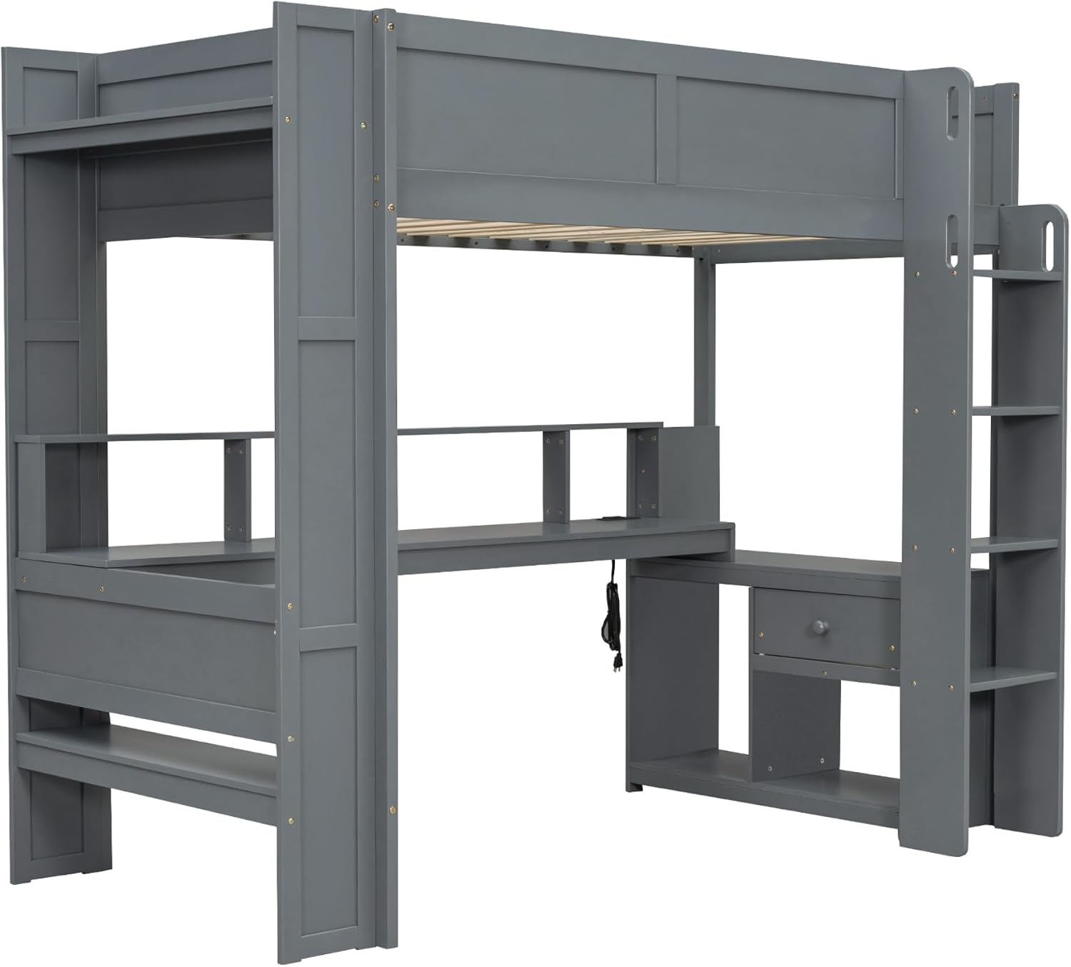 Twin Size Gaming Loft Bed with Desk & Storage Drawers & Shelves & Charging Station & LED,Wood Loft Bed Frame with Cabinets,Bookshelf,Safety Guardrail and Ladder for Gamers Kids Teens Aldults,Dark Gray
