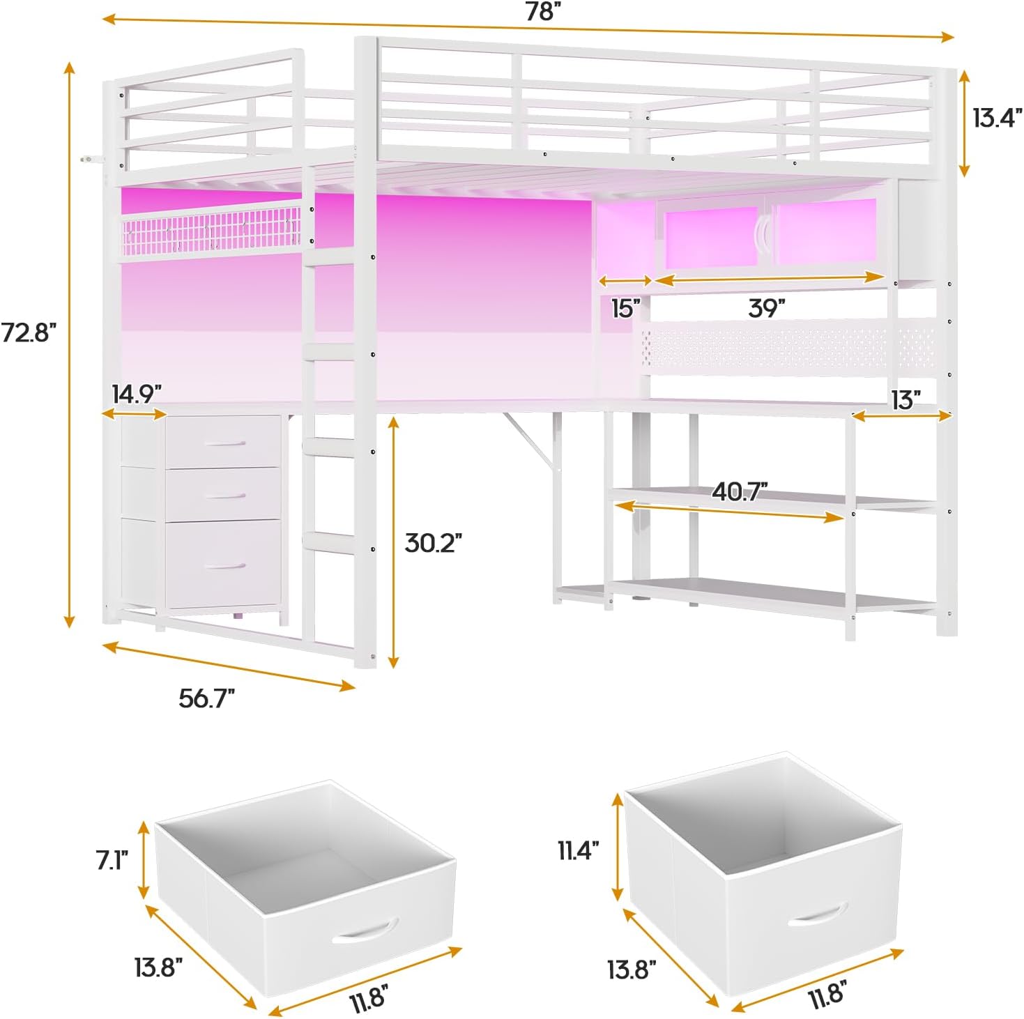 ADORNEVE Loft Bed Full Size with L-Shaped Gaming Desk, Arcylic RGB Hutch & Safety Charging Station, Metal Loft Bed with Storage Drawer, Safety Guardrail & Ladder, Space Saving for Teen Girls, White