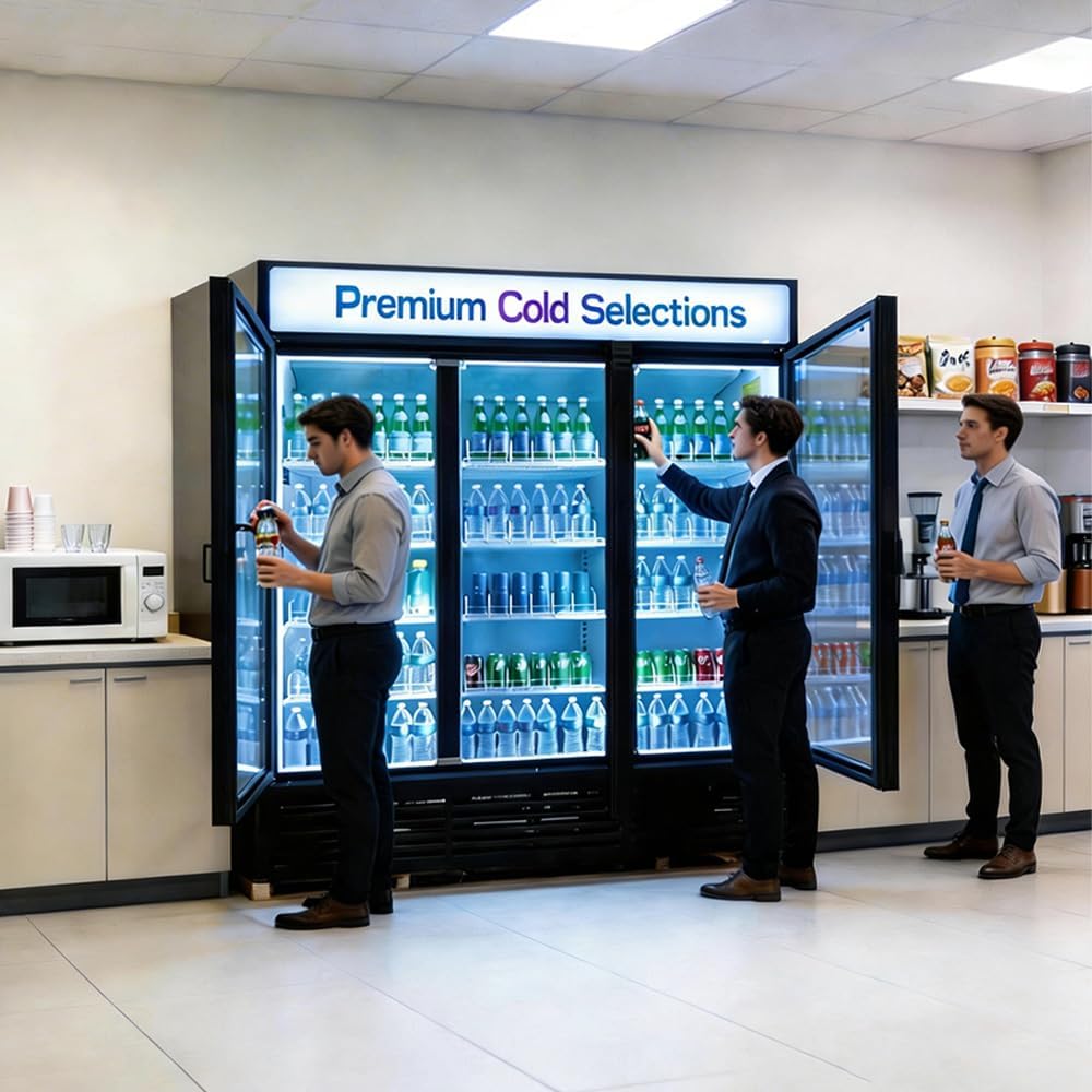 71' Wide Commercial Beverage Refrigerator Display Fridge, Three Glass Door Merchandiser Drink Cooler With LED Light 9 Adjustable Shelves,ETL Sanitation,63.5 Cu Ft,BLACK,Wheels Included