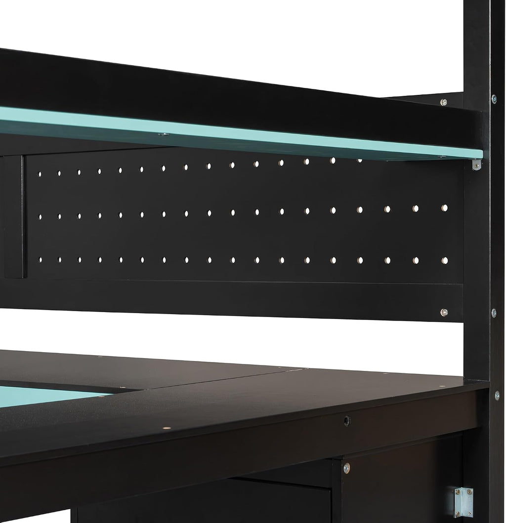 VilroCaz Modern Full Size Gaming Loft Bed with Built-in Desk, Shelves & Pegboard, Wood Loft Bed Frame with Storage Stairs for Kids Teens Adults, Maximize Space Saving (Black+Blue-S, Full)