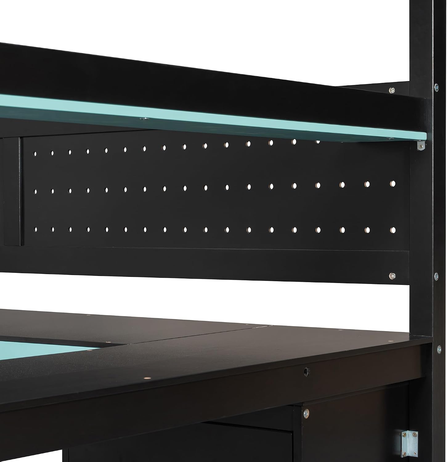 VilroCaz Modern Full Size Gaming Loft Bed with Built-in Desk, Shelves & Pegboard, Wood Loft Bed Frame with Storage Stairs for Kids Teens Adults, Maximize Space Saving (Black+Blue-S, Full)