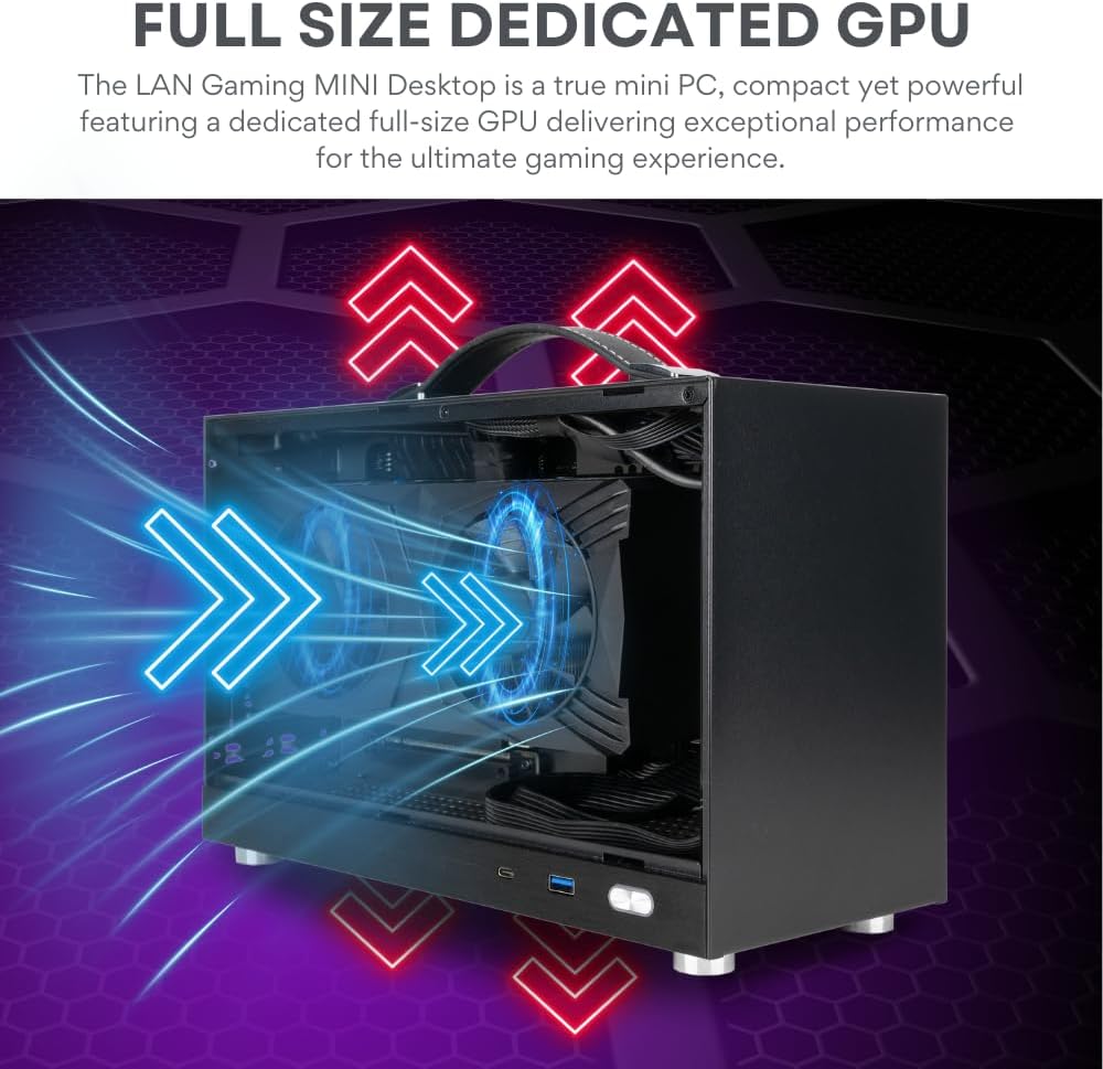 LAN Gamer 8.1L Mini ITX Desktop RTX 5060 Ti 16GB, Intel 20-Core Ultra 7 265KF, 32GB DDR5 RAM, 2TB Gen4 NVMe SSD, SFF PC w/Windows 11 Pro, 3-Year Warranty, RGB Keyboard+Mouse, Internal Wi-Fi 6E (Black)