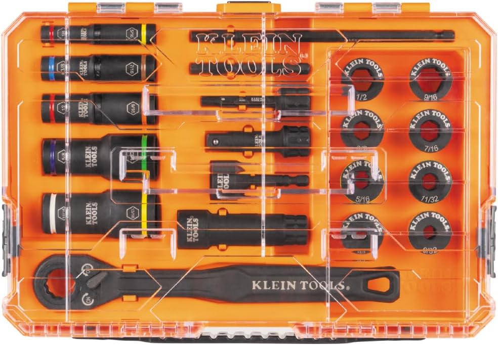 Klein Tools 65240 KNECT Impact Deep-Well Flip Socket and Low-Profile Pass Through Socket Set, SAE, 20-Piece, MODbox Case, 1/4-Inch and 3/8-Inch Drive