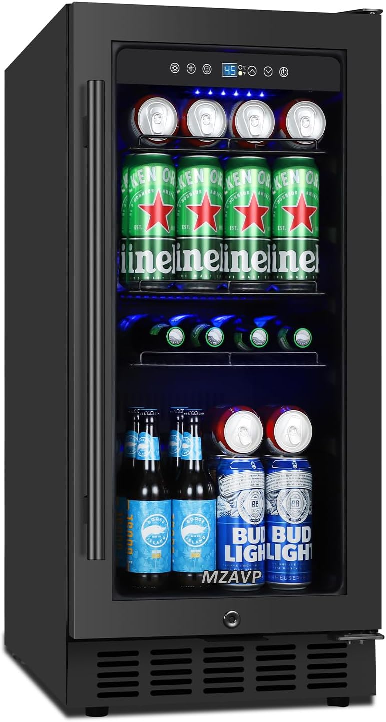 15 Inch Beverage Cooler Refrigerator, 15' Beverage Cooler Under Counter 130 Cans Beverage Fridge with Glass Door, Freestanding or Built-In Mini Drinks Fridge with Lock for Soda, Beer, Black