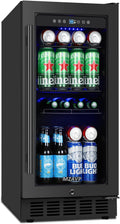 15 Inch Beverage Cooler Refrigerator, 15' Beverage Cooler Under Counter 130 Cans Beverage Fridge with Glass Door, Freestanding or Built-In Mini Drinks Fridge with Lock for Soda, Beer, Black