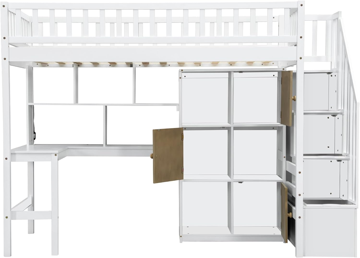 MERITLINE Twin Loft Bed with L-Shaped Desk and Storage Stairs &LED Lights, Solid Wood High Loft Bed with Stairs and Storage Shelves &Cabinets for Teens Adults,Bedroom, Dormitory (White)