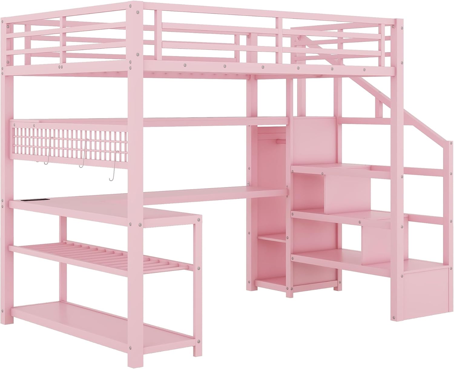 Full size Loft Bed with LED Light and Stairs, Metal Loft Bed Frame with Desk, Storage Drawers & Shelves, Hanging Rod, Gaming Lofts Beds with Charging Station for Adults Teens Kids Gamer, Pink