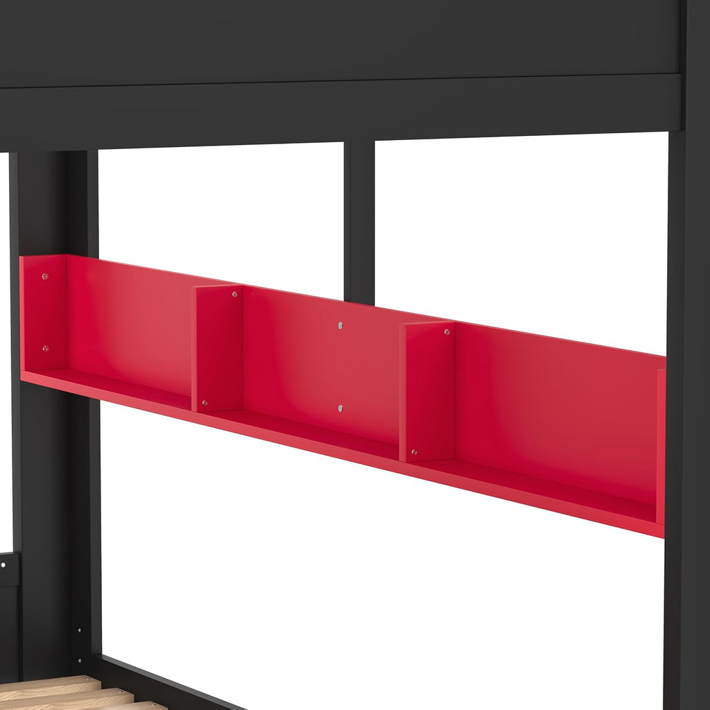 Queen Over Queen Bunk Bed with Storage Drawers, Hooks and Storage Shelves, Solid Wood Bunk Beds for Kids Teens, Bedroom Space-Saving Furniture (Black+Red/D)