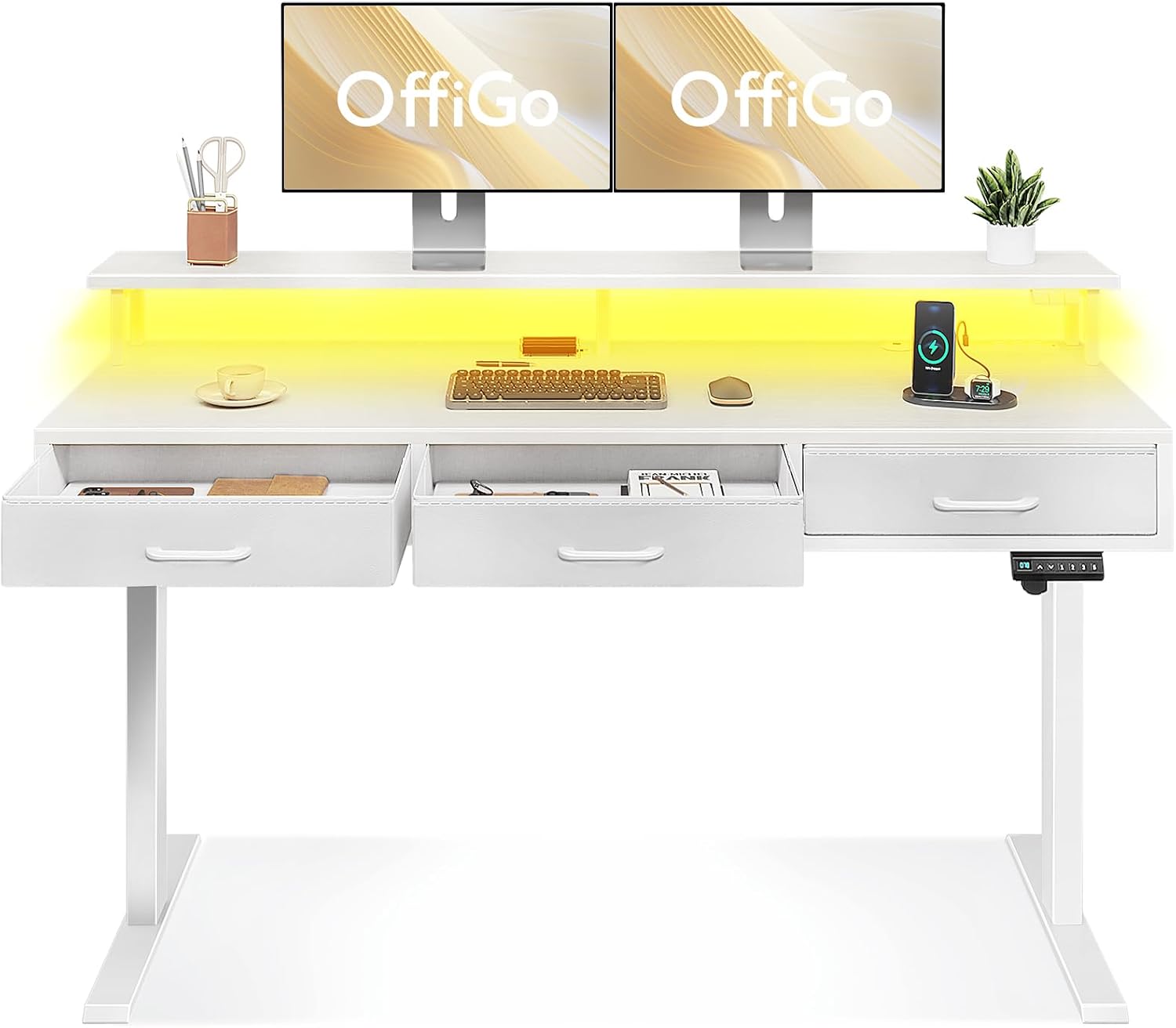 OffiGo Electric Standing Desk with Drawers, 63 Inch Height Adjustable Desk with Power Outlets & LED Lights, Sit Stand Table with Monitor Stand for Home, Office, Workstation, White