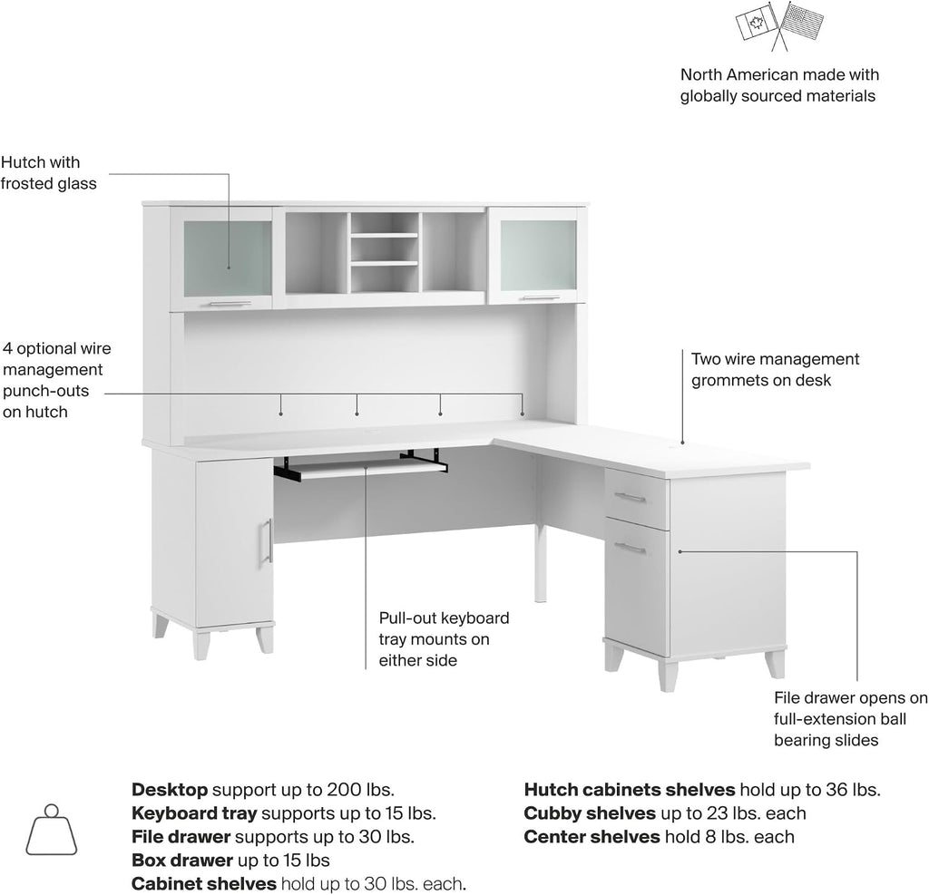 Bush Furniture Somerset L Shaped Desk with Hutch in White | Corner Computer Table with Drawers, Cabinets and Pullout Keyboard/Laptop Tray for Home Office