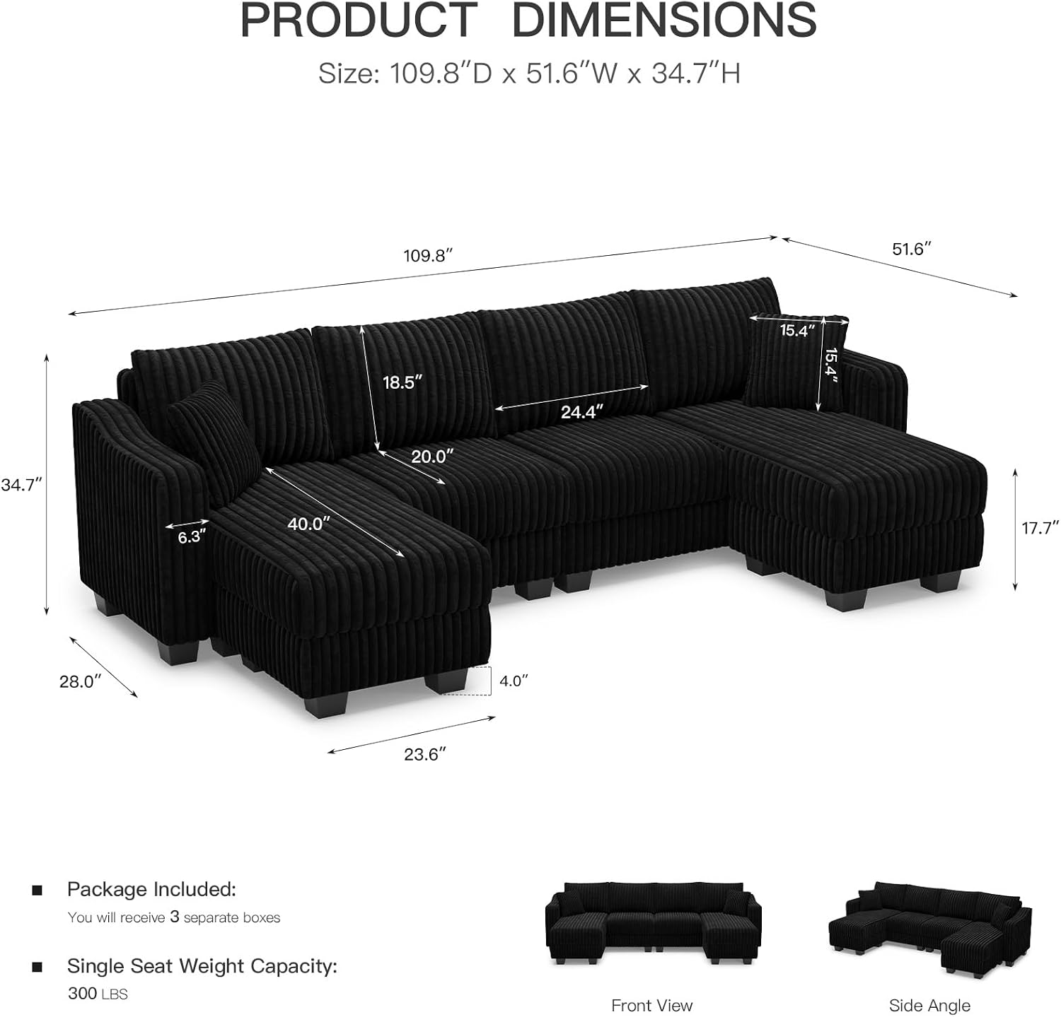 Belffin U Shaped Couch with Reversible Chaises Sectional Couches for Living Room Sectional Couch with Ottomans Corduroy (Black, U Shaped)