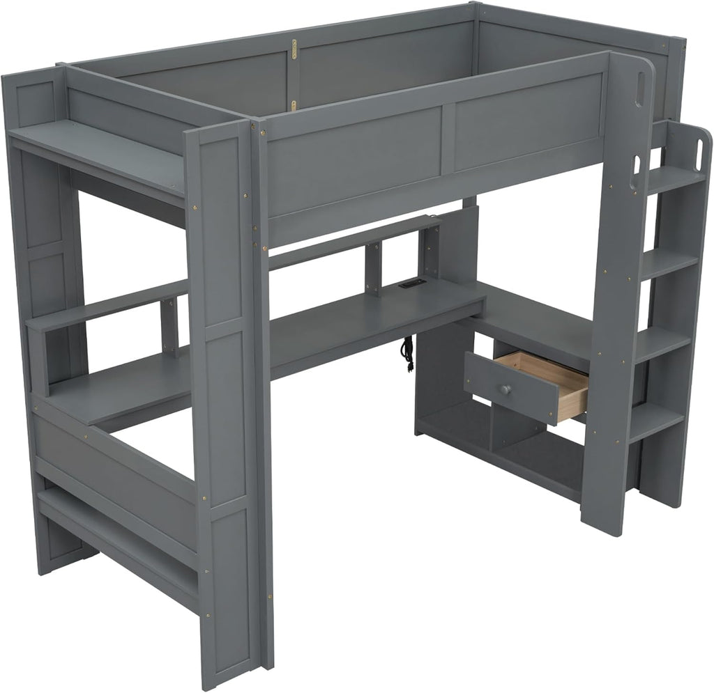 Twin Size Gaming Loft Bed with Desk & Storage Drawers & Shelves & Charging Station & LED,Wood Loft Bed Frame with Cabinets,Bookshelf,Safety Guardrail and Ladder for Gamers Kids Teens Aldults,Dark Gray