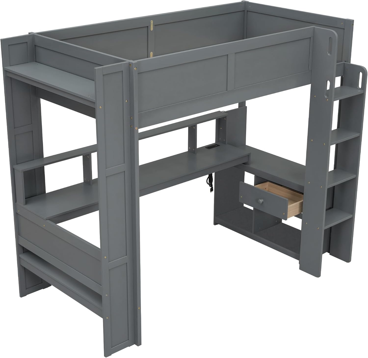 Twin Size Gaming Loft Bed with Desk & Storage Drawers & Shelves & Charging Station & LED,Wood Loft Bed Frame with Cabinets,Bookshelf,Safety Guardrail and Ladder for Gamers Kids Teens Aldults,Dark Gray