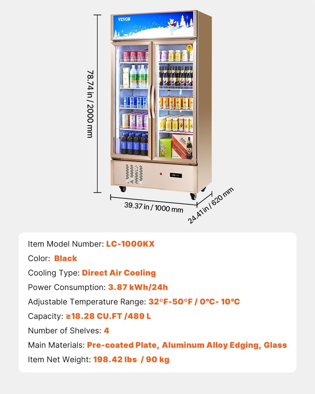 VEVOR Commercial Merchandiser Refrigerator 2 Glass Doors, 23 Cubic Ft, Upright Display Beverage Cooler 79' Tall x 39.4' Width, Fridge with LED Lighting for Drink Wine Soda, Gold