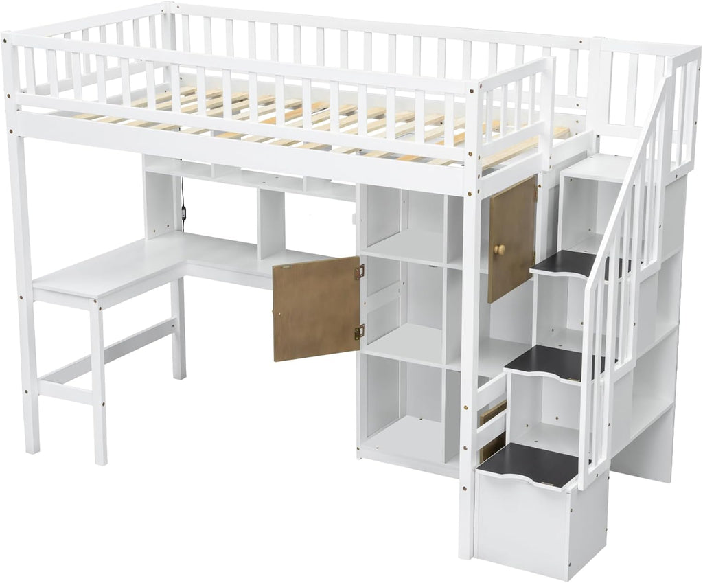 MERITLINE Twin Loft Bed with L-Shaped Desk and Storage Stairs &LED Lights, Solid Wood High Loft Bed with Stairs and Storage Shelves &Cabinets for Teens Adults,Bedroom, Dormitory (White)