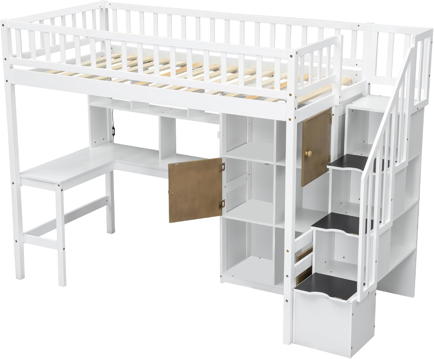 MERITLINE Twin Loft Bed with L-Shaped Desk and Storage Stairs &LED Lights, Solid Wood High Loft Bed with Stairs and Storage Shelves &Cabinets for Teens Adults,Bedroom, Dormitory (White)