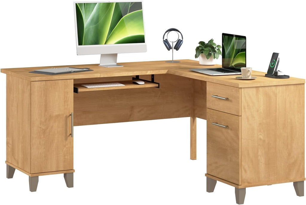Bush Home 60-Inch L-Shaped Desk with Storage, Corner Computer Office Desk with Drawers and Storage Cabinet, Home Office Furniture, Somerset Collection, Maple Cross