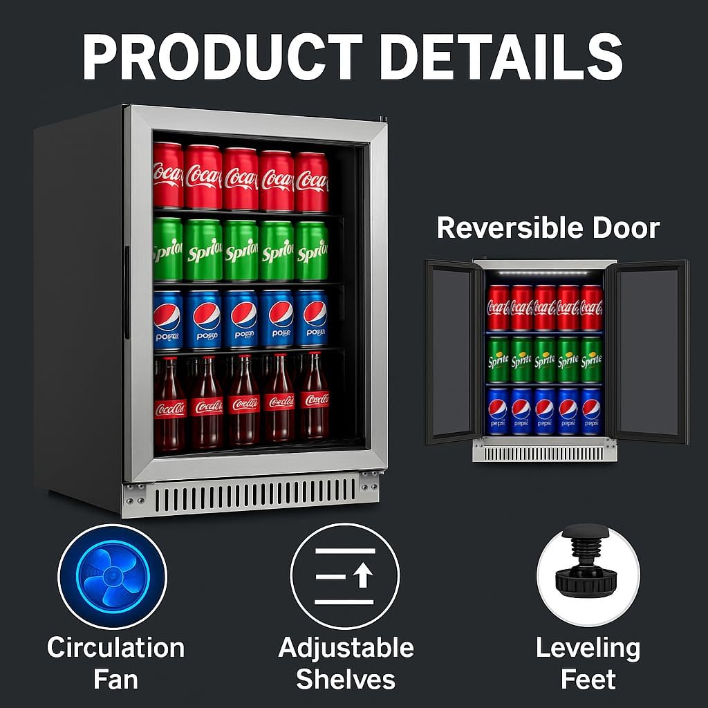 20.1 Inch Built-in Beverage Refrigerator with 7-Color LED Light, Compact 120 Can Under Counter or Freestanding Stainless Steel Drink Cooler Fridge with Glass Door for Soda & Beer
