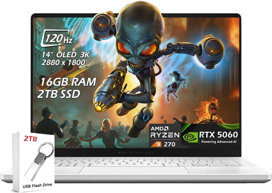 ASUS ROG Zephyrus G14 AI Gaming Laptop 14.0' ROG Nebula OLED 2.8K 500nits Display, AMD Ryzen 9 270, RTX 5060 8GB, 16GB LPDDR5X, 2TB SSD, WiFi7, Win11, Platinum White, w/2TB USB Drive, W/GaLiMu