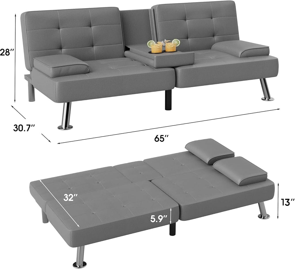 Flamaker Futon Sofa Bed Modern Folding Futon Set PU Leather Convertible Recliner Lounge for Living Room with 2 Cup Holders, Removable Armrests (PU Leather, Dark Grey)