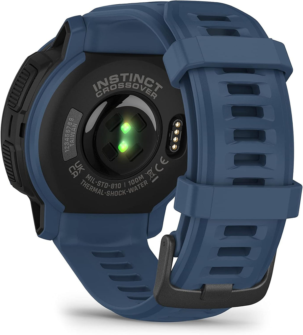 Garmin Instinct Crossover Solar, Rugged Hybrid Multisport GPS Smartwatch, Tidal Blue | Heart Rate Monitor, Analog Hands, Digital Display, Up to 28 Day Battery Life w/Signature Series Charging Bundle