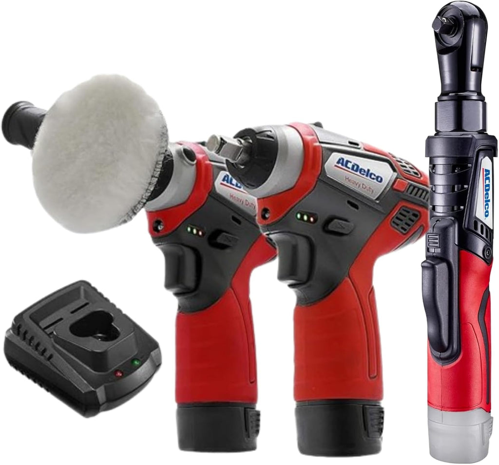 ACDelco G12 12V Cordless Combo Kit – Mini Polisher, 3/8' Impact Wrench (90 ft-lbs), Ratchet Wrench (55 ft-lbs) with 2 Li-Ion Batteries & Fast Charger, Auto Repair & DIY Tools