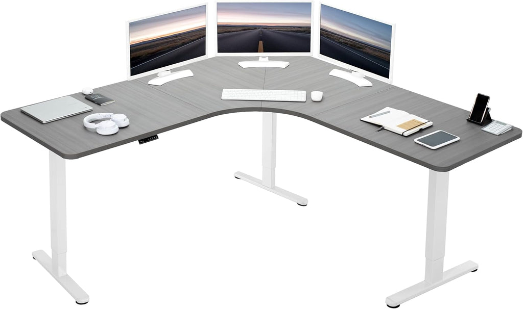VIVO Electric Height Adjustable 71 x 71 inch Curved Corner Stand Up Desk, Dark Gray Table Top, White Frame, Memory Controller, L-Shaped Workstation, E3C Series, DESK-KIT-E3CWG