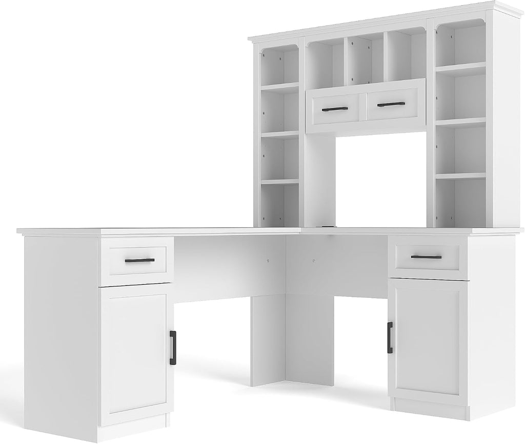 RuiSiSi L-Shaped Computer Desk with Hutch, Home Office Corner Desk with Drawers and Cabinet, Open Storage Shelves, Multi-Functional Writing Table for Study Room Bedroom Living Room, White