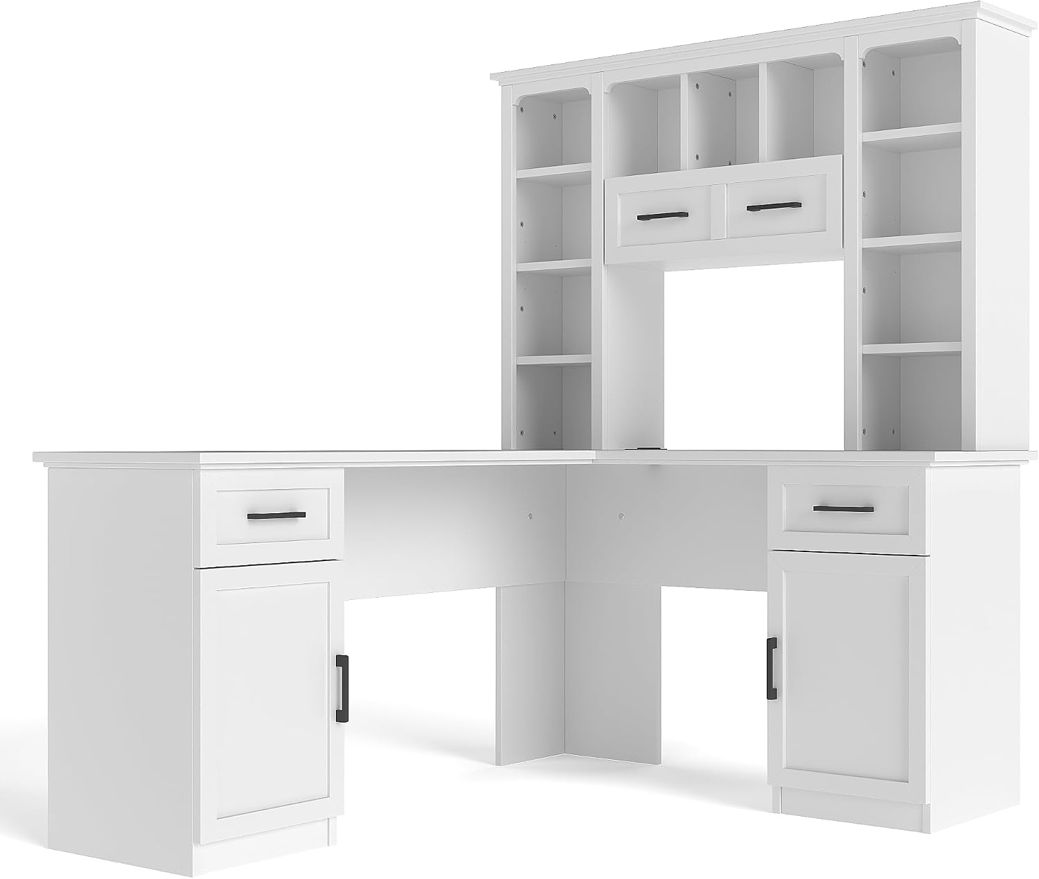 RuiSiSi L-Shaped Computer Desk with Hutch, Home Office Corner Desk with Drawers and Cabinet, Open Storage Shelves, Multi-Functional Writing Table for Study Room Bedroom Living Room, White