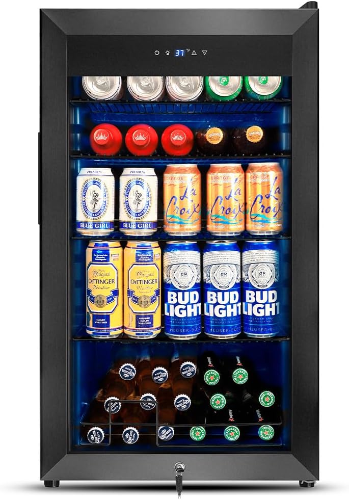 Tylza Beverage Refrigerator Cooler, 130 Cans 3.22 Cu.Ft Small Refrigerator with Low-E Glass Door, Lock, 17-Inch Beer Fridge for Drinks, Beer and Wine, Mini Fridge for Bedroom, Office and Bar, Black