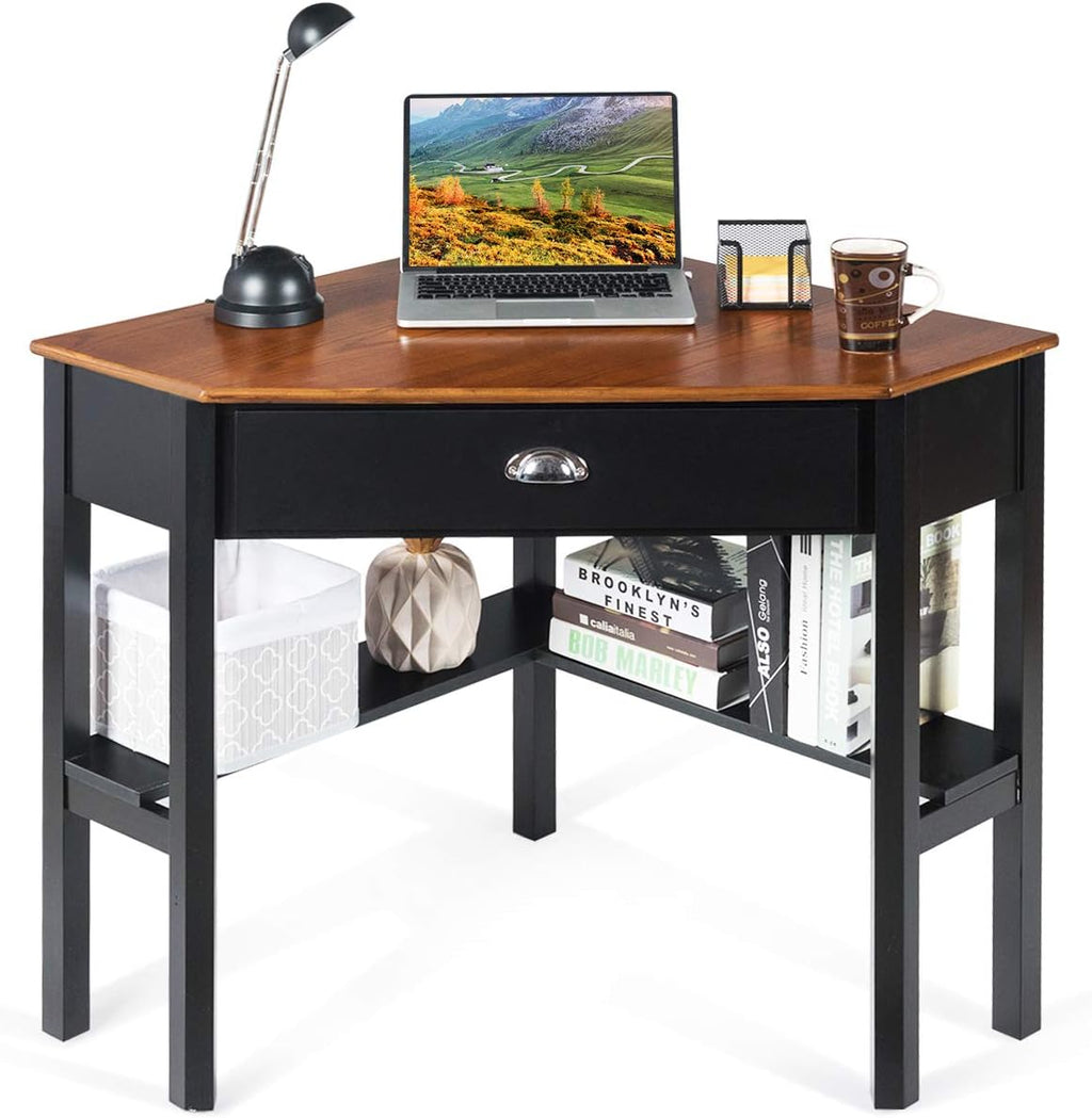 Tangkula Corner Desk, Corner Computer Desk with Drawer for Small Space, Small Corner Makeup Vanity Desk, 90 Degrees Triangle Corner Desk with Storage Shelves (Coffee & Black)