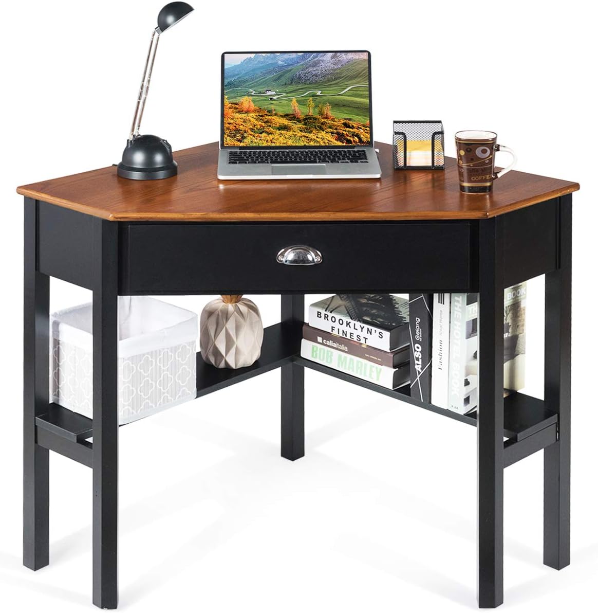Tangkula Corner Desk, Corner Computer Desk with Drawer for Small Space, Small Corner Makeup Vanity Desk, 90 Degrees Triangle Corner Desk with Storage Shelves (Coffee & Black)