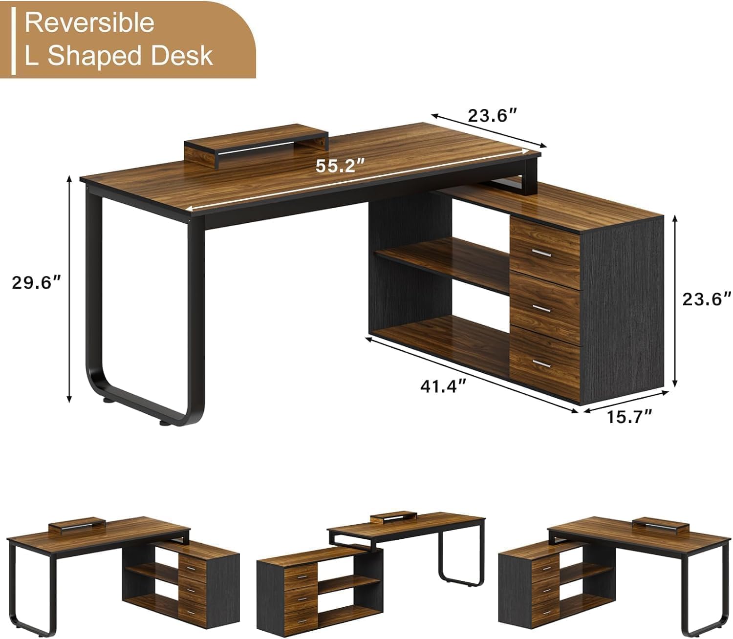 MaverickFurni 55' L Shaped Desk with Drawers and Shelves, Home Office Desk with Monitor Stand for Work Writing Study, Reversible Corner Desk with Storage, Black