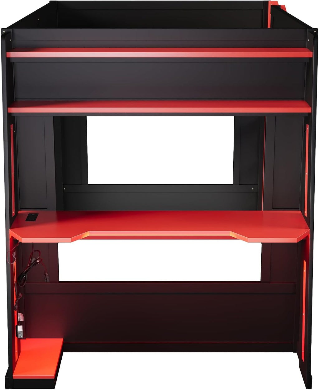 Queen Size Wooden Gaming Bunk Bed with Desk, Two Storage Shelves, USB and LED Light, Sturdy Loft Bed for Gamers & Small Spaces (Black+Red1)