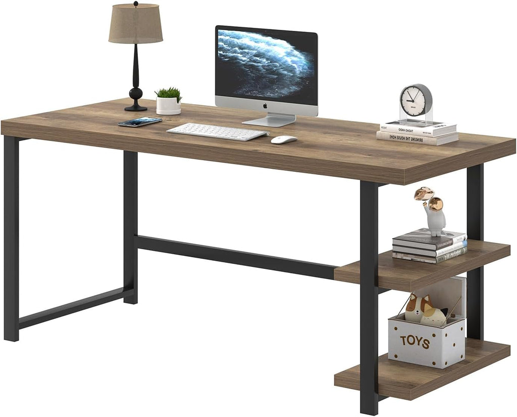 FOLUBAN 60 Inch Home Office Desk, Large Computer Desk with Storage Shelves, Modern Wood and Metal Writing Study Gaming Table Workstation for Living Room, Rustic Oak