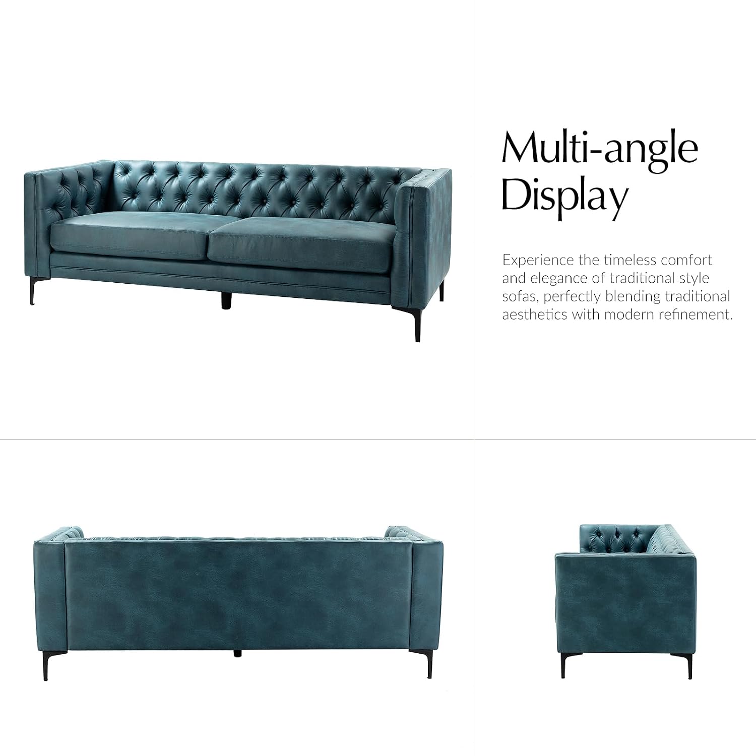 HULALA HOME 84' W Faux Leather Sofa, Mid Century Modern Couch with Metal Legs and Button Tufted, 3 Seater Contemporary Upholstered Couches for Living Room, Entertainment Area, Apartment, Blue