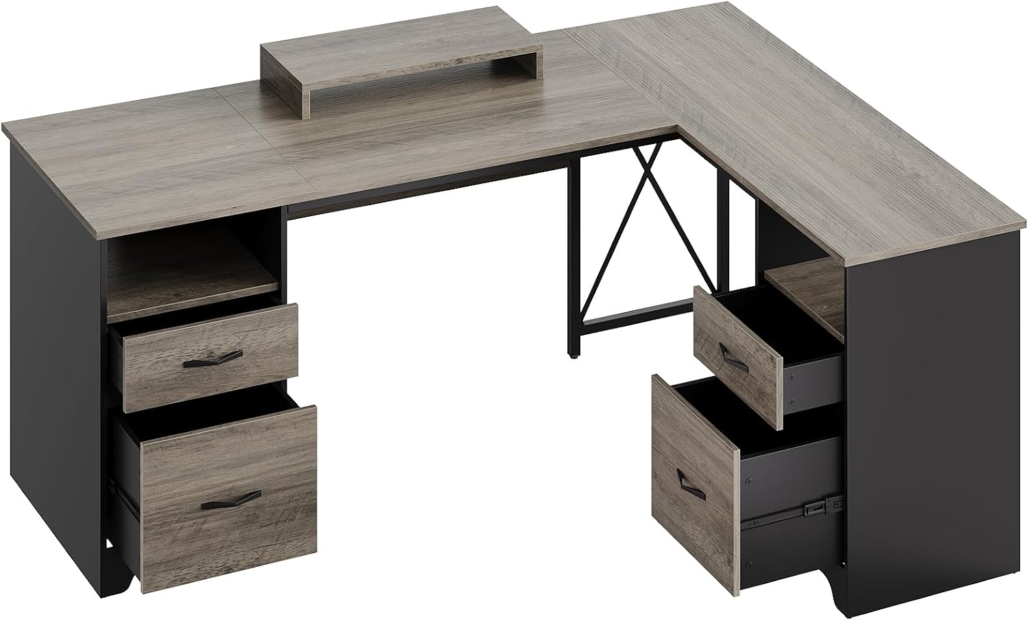 Bestier L Shaped Desk with 4 Drawers, 63' x 47' Executive Desk with Open Storage & Monitor Stand, Corner Desk with 2 File Drawers & Modesty Panel for Home Office, Gray