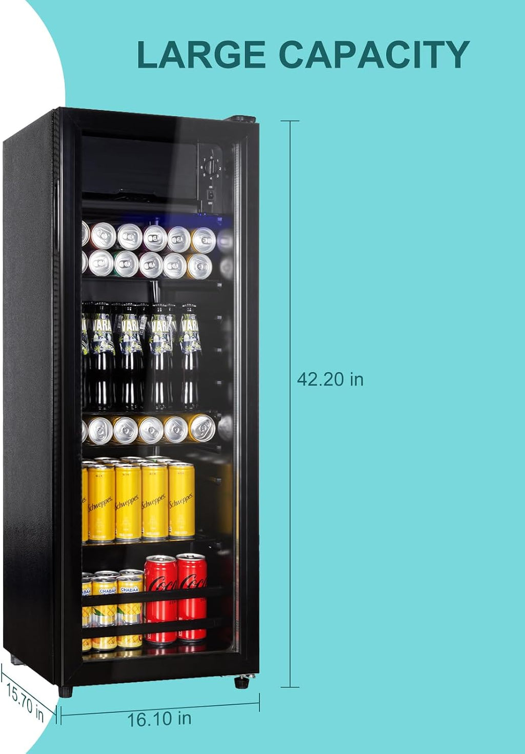 Cucina Magica 4.8 Cu.Ft Beverage Refrigerator, 155 Can Mini Fridge with Freeze with Glass Door, Adjustable Shelves, Drink Fridge, Suitable for Soda, Beer, Essential for Home/Bar