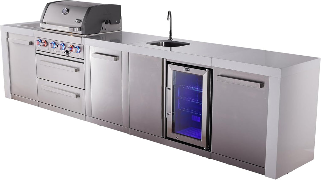 Mont Alpi Premium 145' Deluxe Stainless Steel Outdoor Kitchen Island with Refrigerator + Beverage Center Faucet & Sink + 32'W 4-Burner BBQ Grill + Granite Countertops + Storage + Rotisserie + Cover