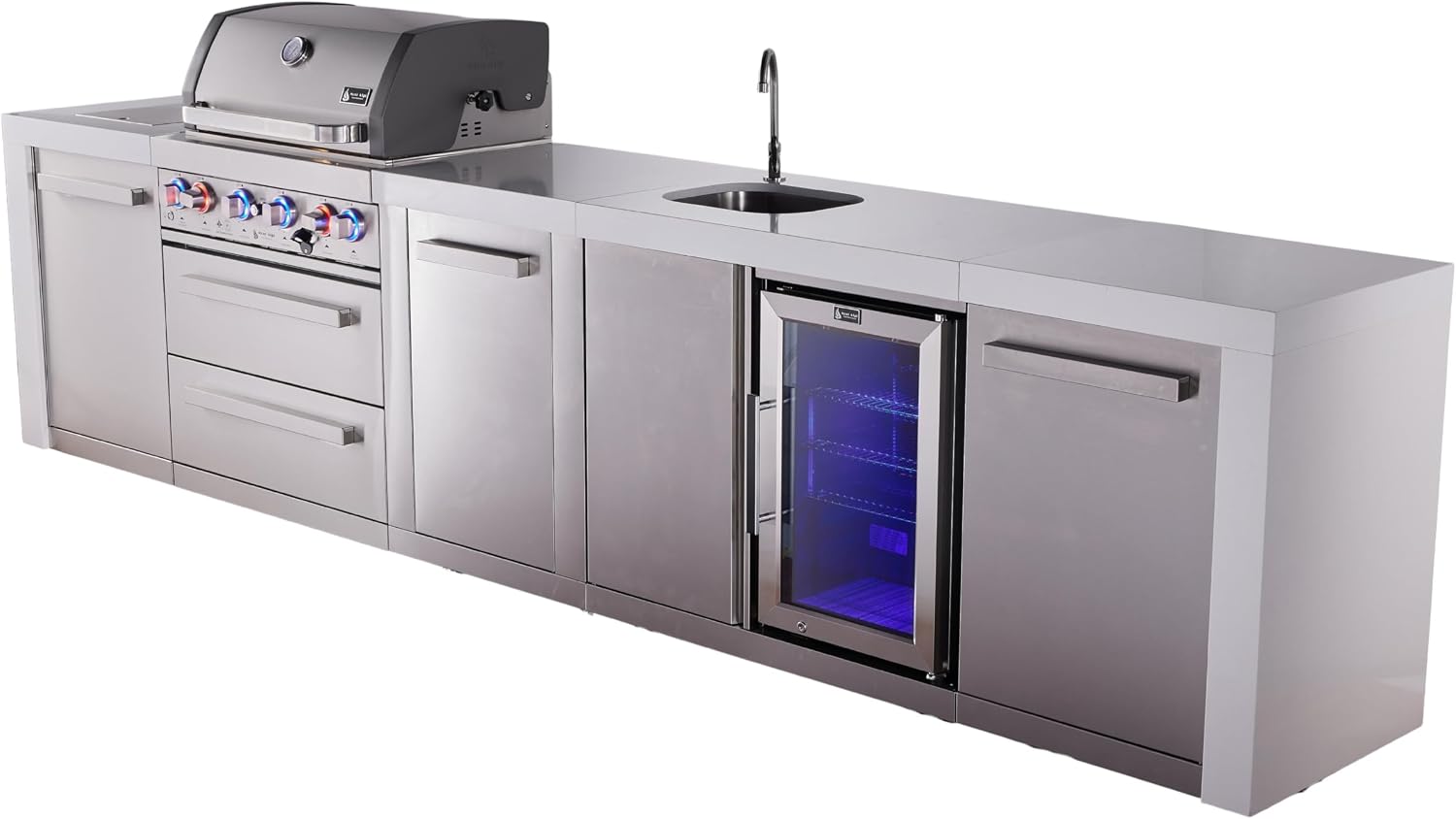 Mont Alpi Premium 145' Deluxe Stainless Steel Outdoor Kitchen Island with Refrigerator + Beverage Center Faucet & Sink + 32'W 4-Burner BBQ Grill + Granite Countertops + Storage + Rotisserie + Cover