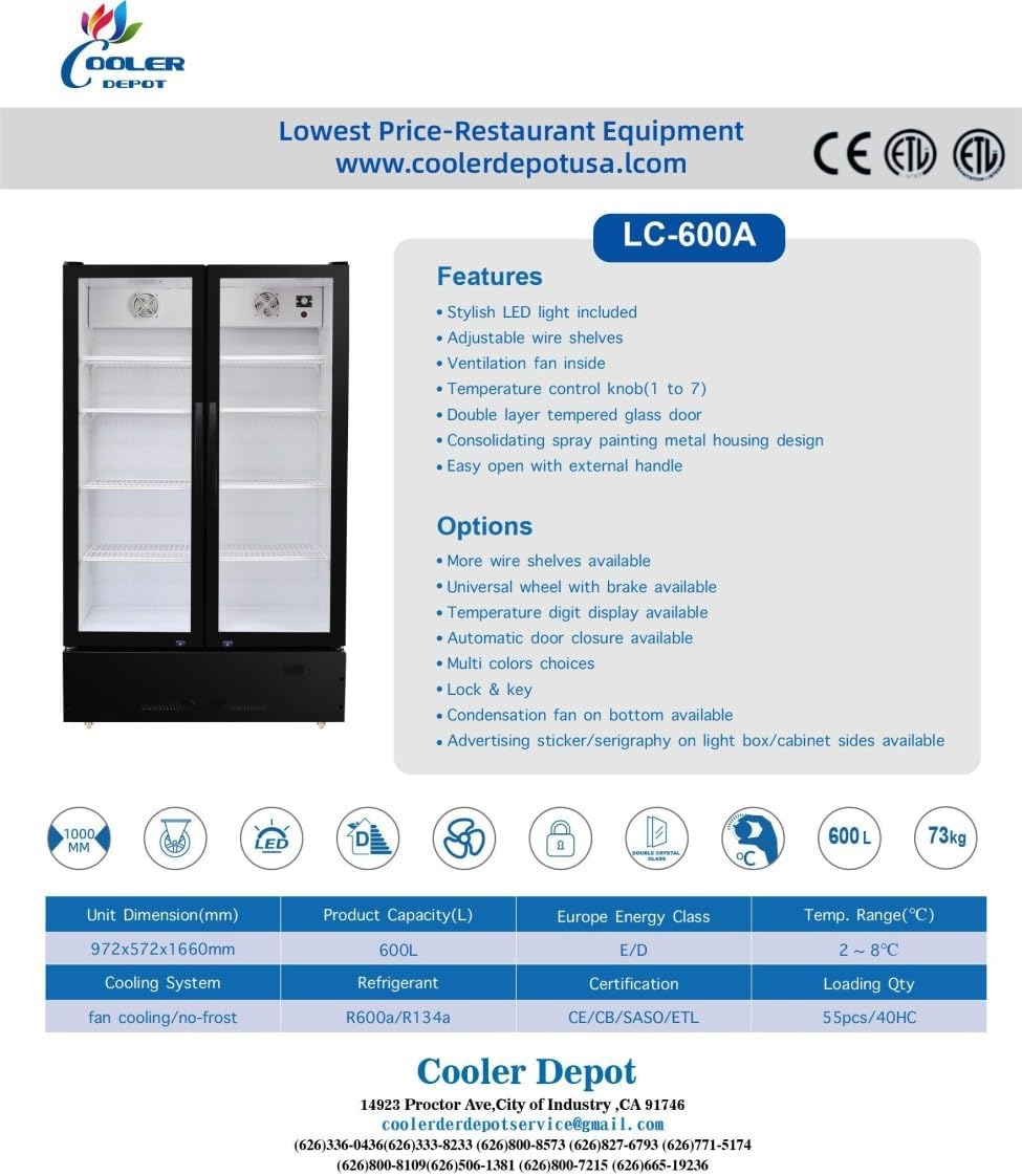 Commercial Refrigerator Glass 2-Door Merchandiser Display Cooler, Beverage Drink Cooler 67'Height Low Profile,ETL NSF Certified, 38 inches width, 21 cuft 110V, Restaurant LC-600