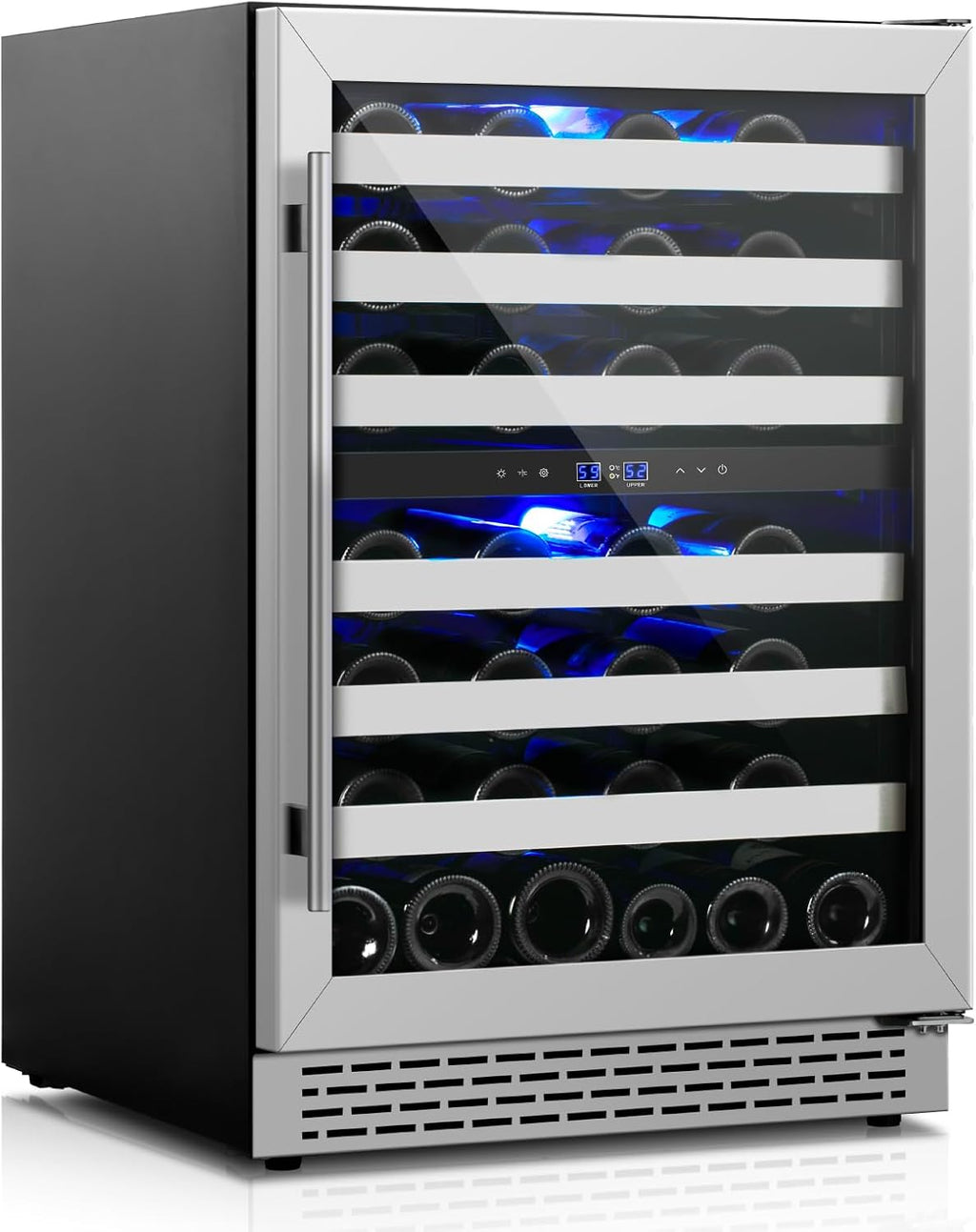 24 Inch Wine Cooler Refrigerator, 46 Bottle Dual Zone Wine Fridge Cooler Under Counter with Upgrade Compressor Tempered Glass Door, 40-65°F, Built-in/Freestanding for Kitchen Bar Office