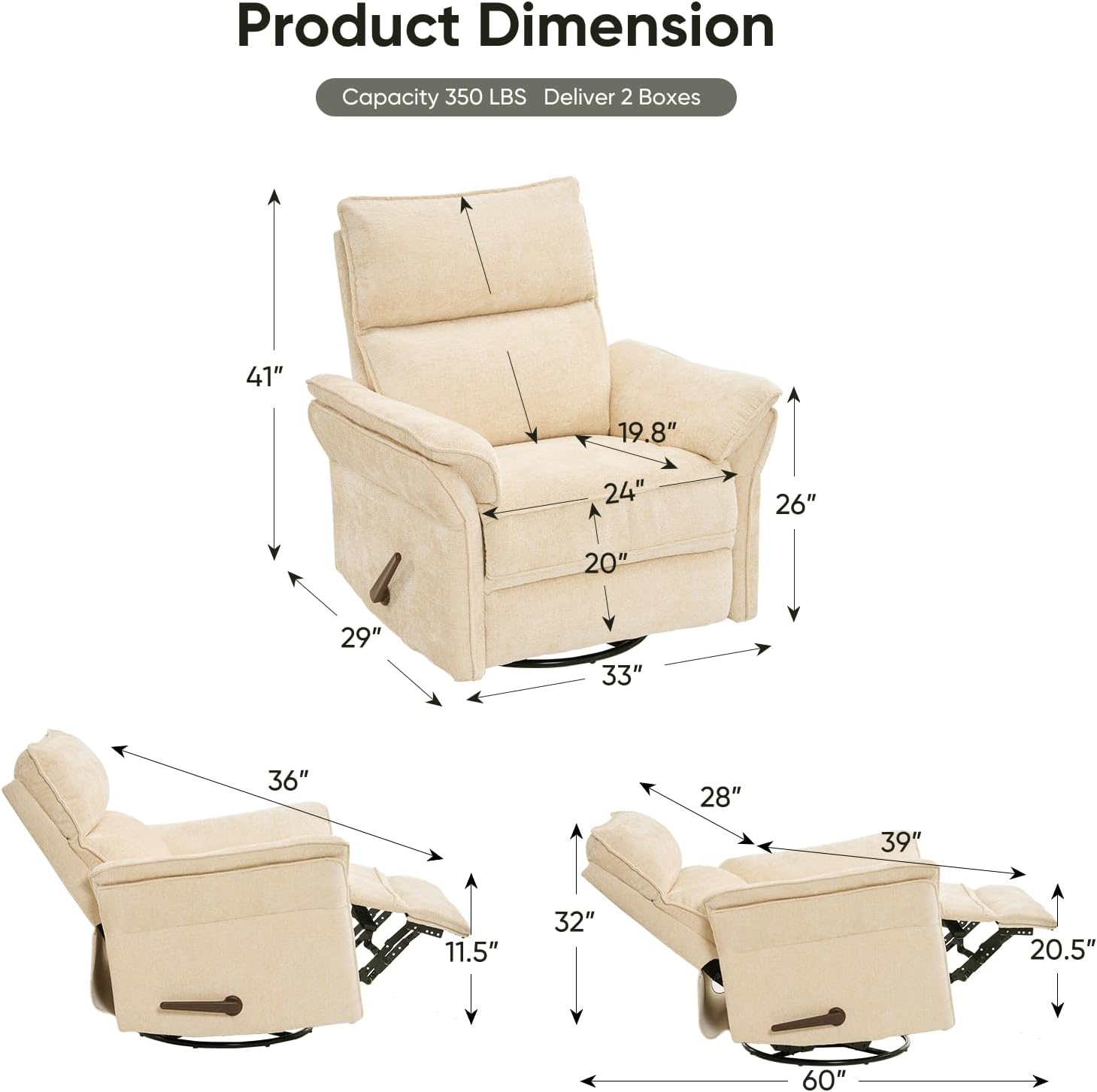 Rocking Chair Nursery with Adjustable Headrest,Manual Swivel Rocker Recliner Nursery Chair with Overstuffed Armrest,Glider Rocker Recliner for Living Room & Bedroom,Beige