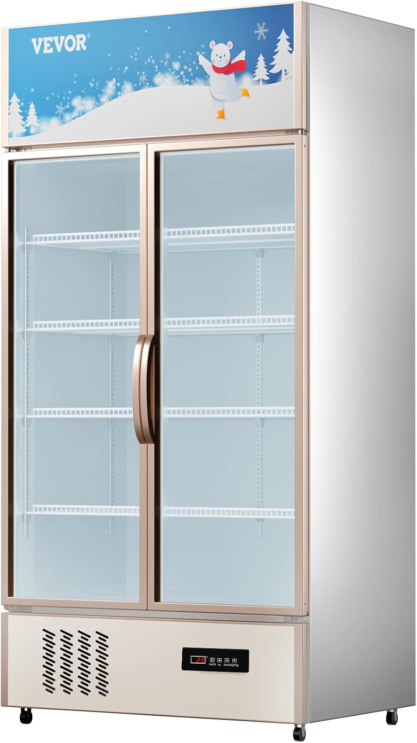 VEVOR Commercial Merchandiser Refrigerator 2 Glass Doors, 23 Cubic Ft, Upright Display Beverage Cooler 79' Tall x 39.4' Width, Fridge with LED Lighting for Drink Wine Soda, Gold